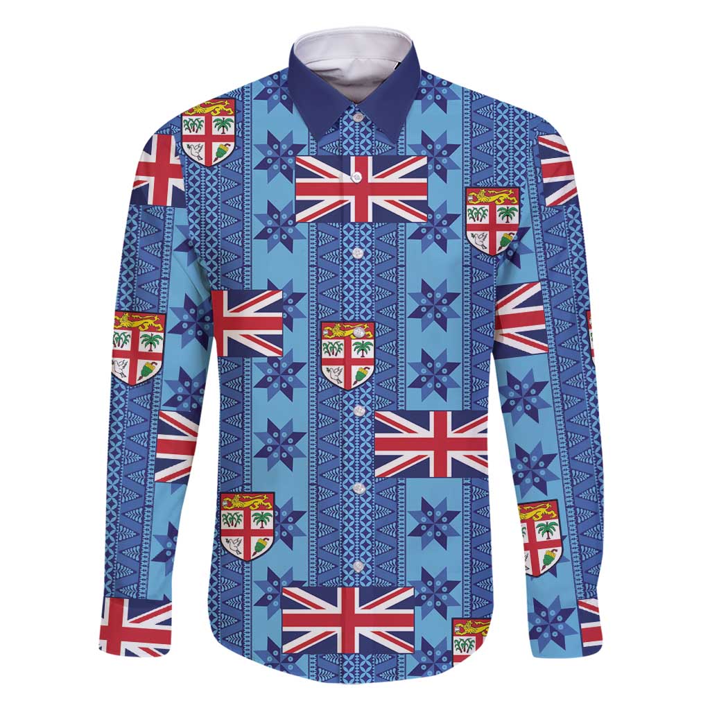Fiji Masi Tapa Family Matching Summer Maxi Dress and Hawaiian Shirt Coat Of Arms LT05 Dad's Shirt - Long Sleeve Blue - Polynesian Pride