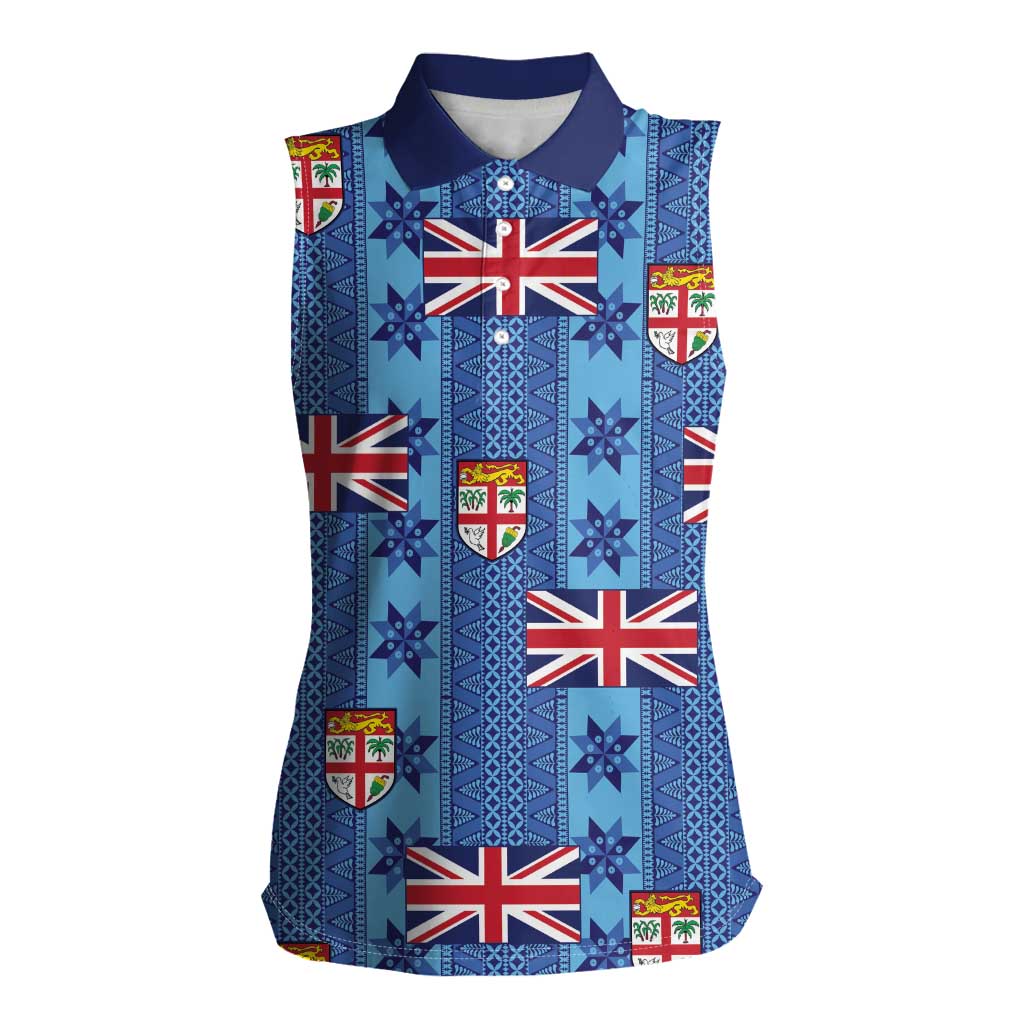 Fiji Masi Tapa Women Sleeveless Polo Shirt Coat Of Arms LT05 Female Blue - Polynesian Pride