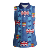 Fiji Masi Tapa Women Sleeveless Polo Shirt Coat Of Arms LT05 Female Blue - Polynesian Pride