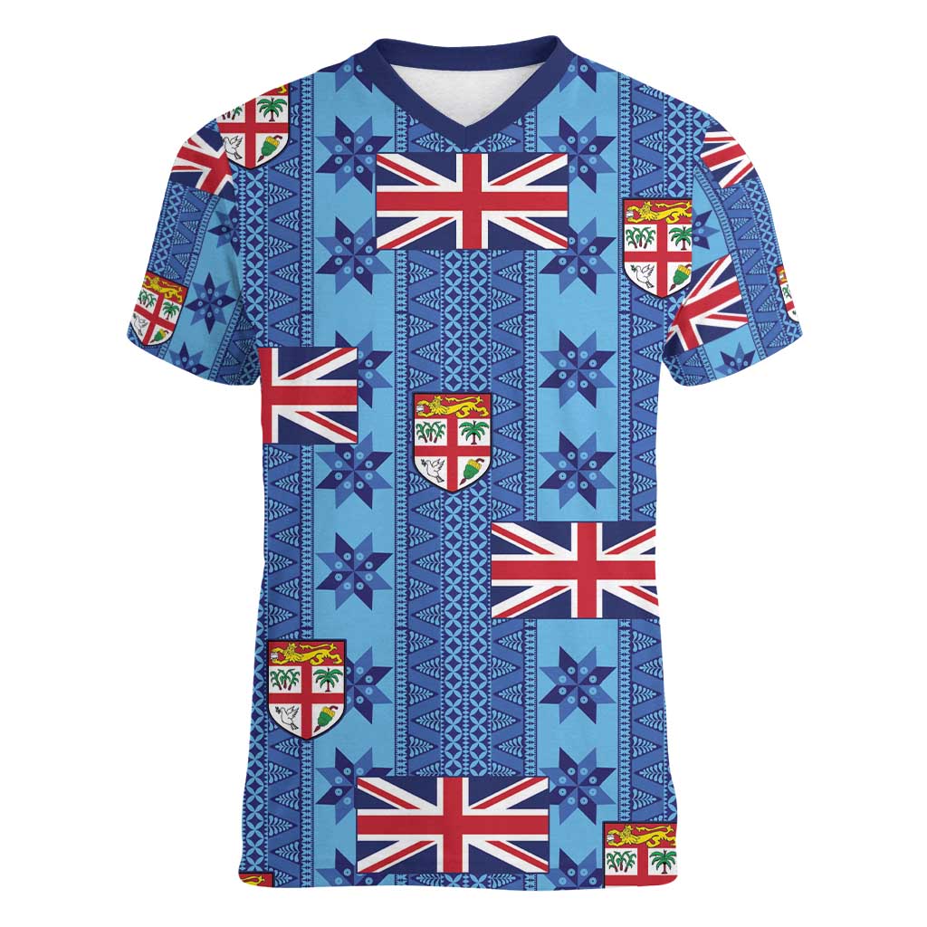 Fiji Masi Tapa Women V-Neck T-Shirt Coat Of Arms LT05 Female Blue - Polynesian Pride