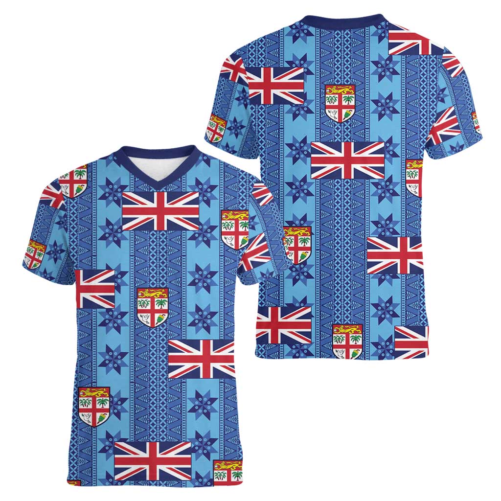 Fiji Masi Tapa Women V-Neck T-Shirt Coat Of Arms LT05 - Polynesian Pride