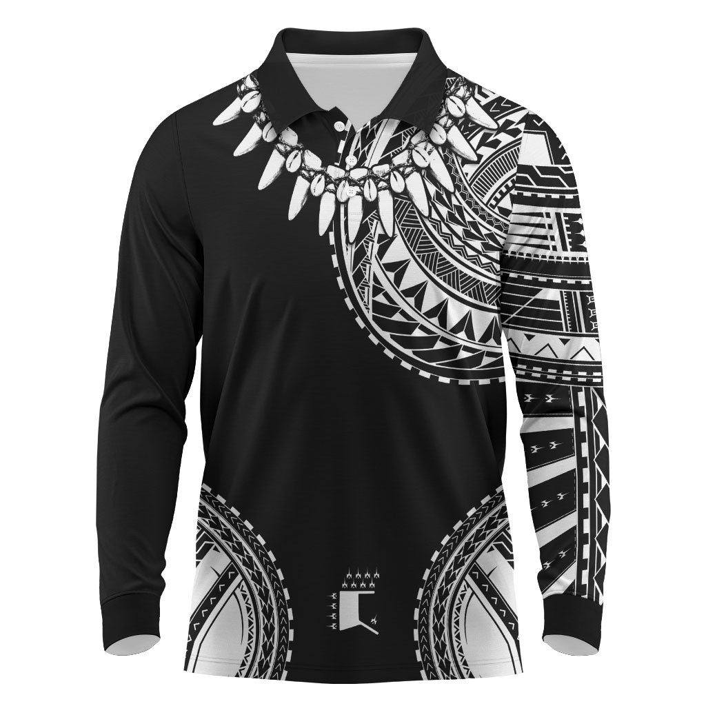 Polynesian Chief Inspired Costume Long Sleeve Polo Shirt Tribal Pattern With Tooth Necklace Black