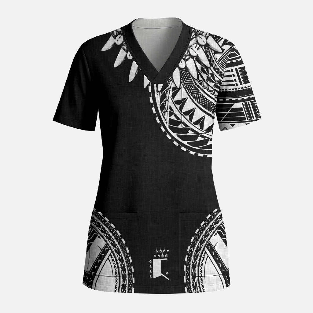 Polynesian Chief Inspired Costume Scrub Top Tribal Pattern With Tooth Necklace Black