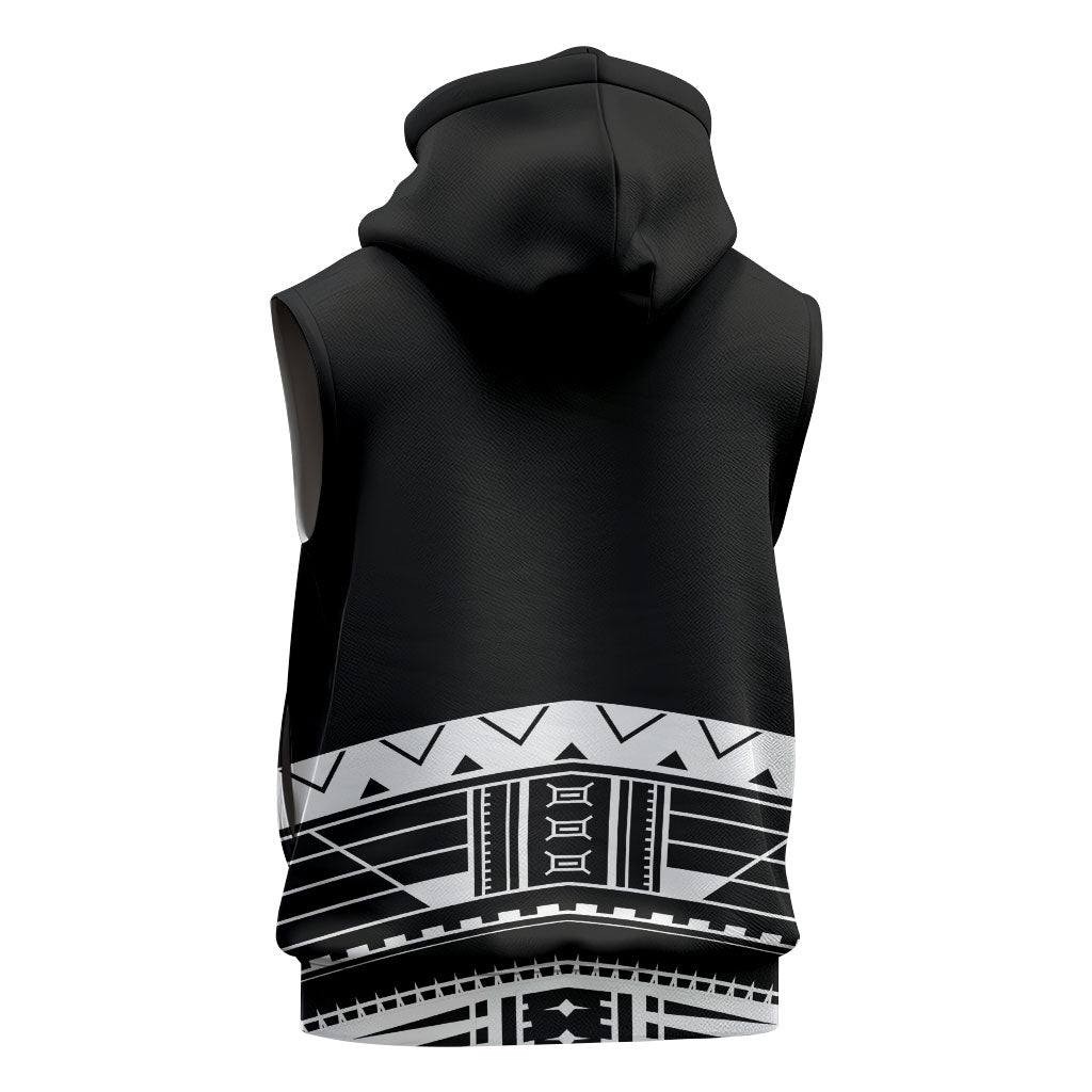 Polynesian Chief Inspired Costume Sleeveless Hoodie Tribal Pattern With Tooth Necklace Black