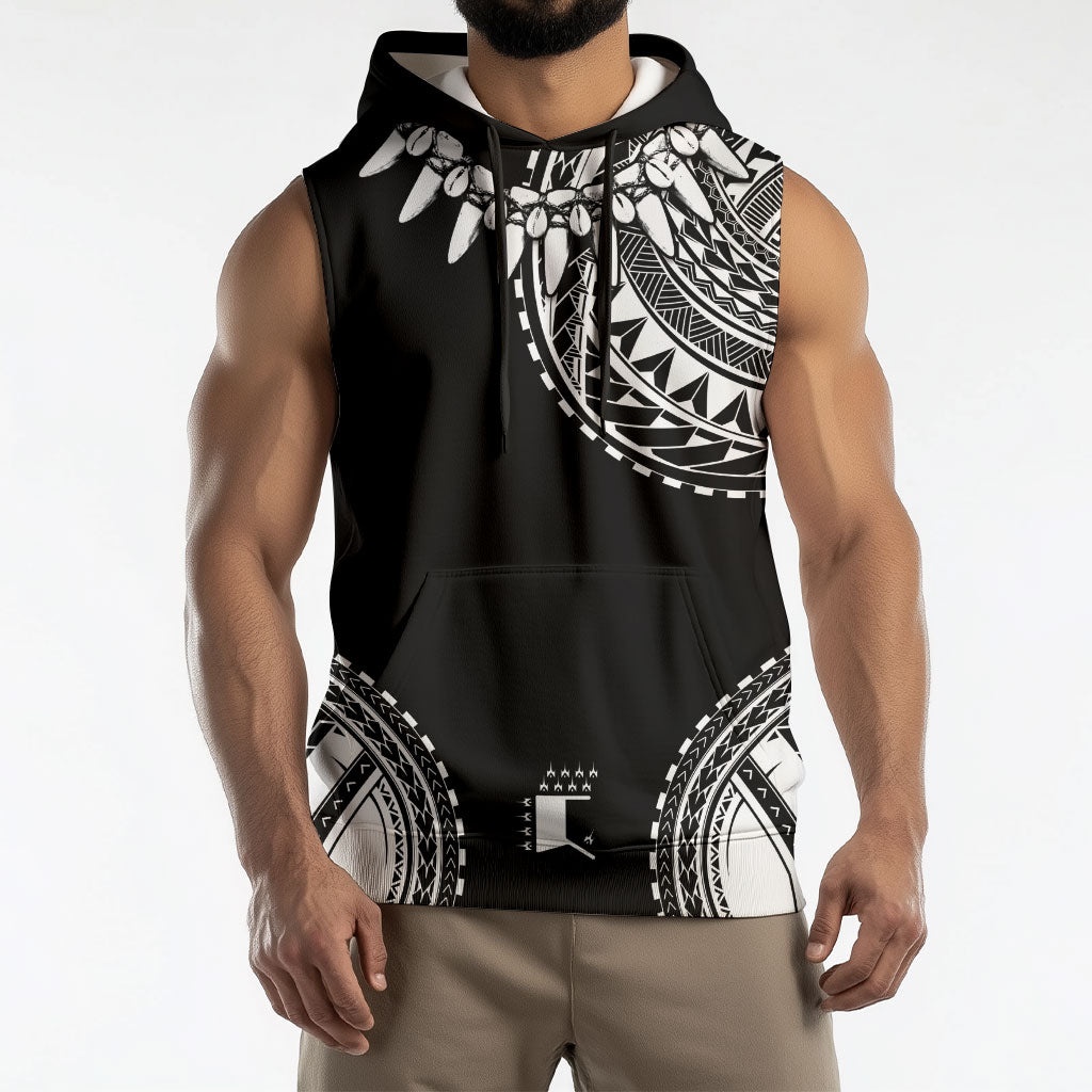 Polynesian Chief Inspired Costume Sleeveless Hoodie Tribal Pattern With Tooth Necklace Black