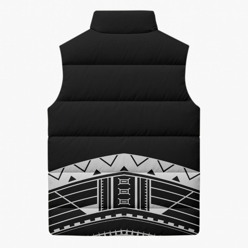 Polynesian Chief Inspired Costume Sleeveless Puffer Jacket Tribal Pattern With Tooth Necklace Black