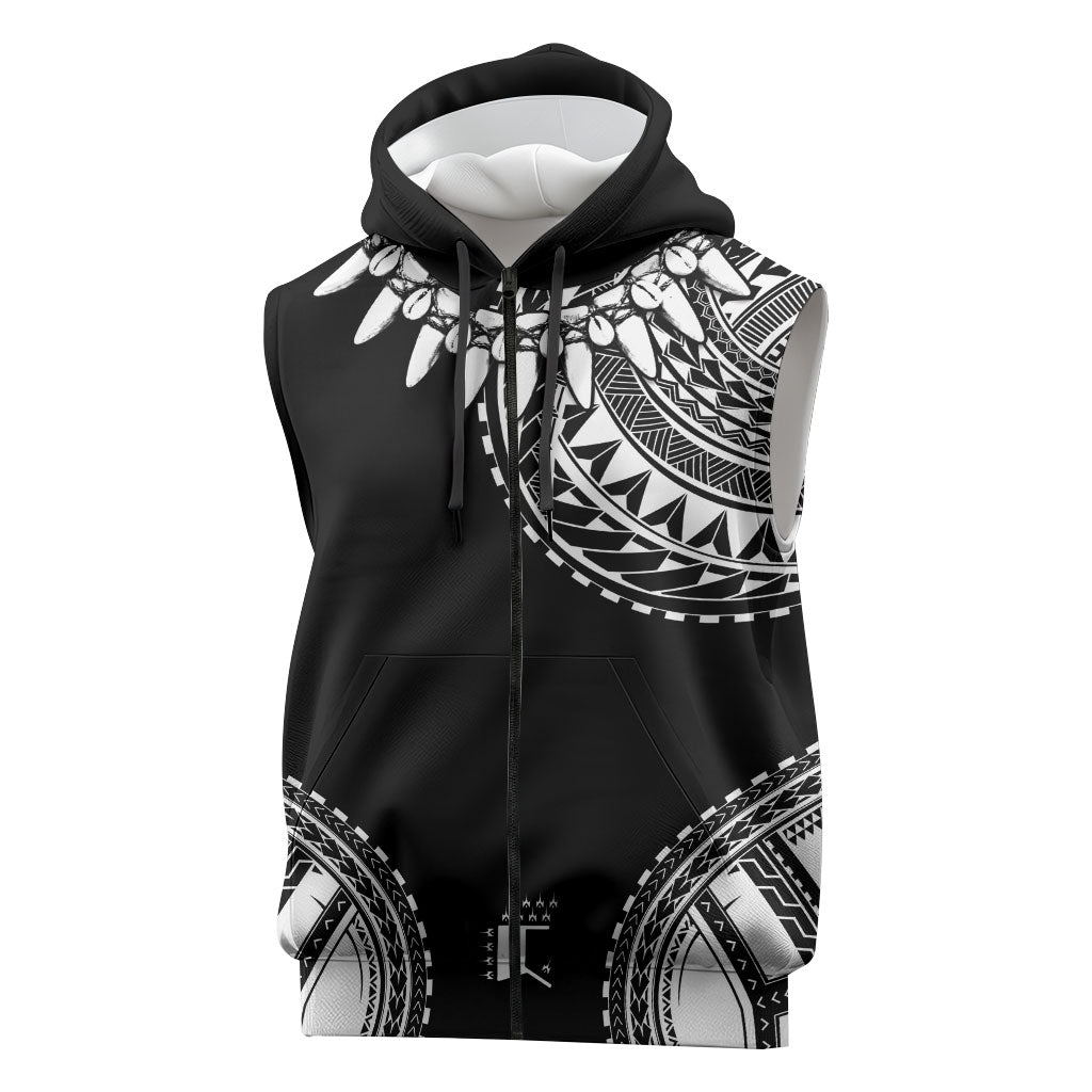 Polynesian Chief Inspired Costume Sleeveless Zip Hoodie Tribal Pattern With Tooth Necklace Black