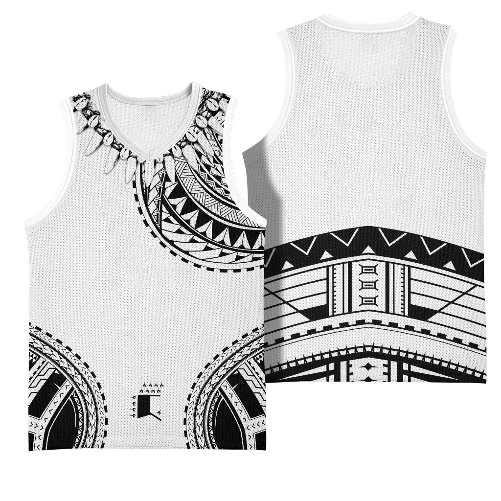 Polynesian Chief Inspired Costume Basketball Jersey Tribal Pattern With Tooth Necklace White