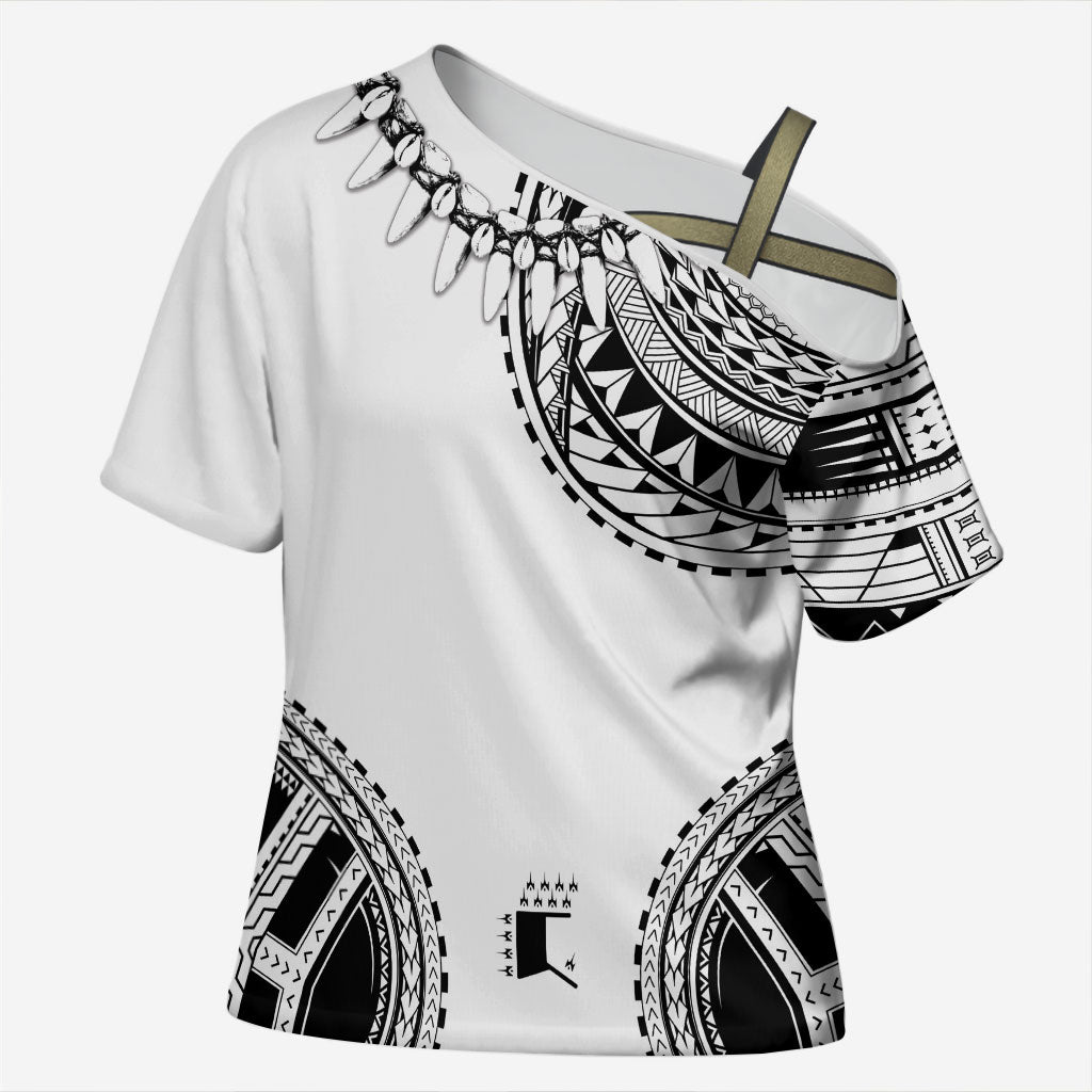 Polynesian Chief Inspired Costume Cross Shoulder Shirt Tribal Pattern With Tooth Necklace White