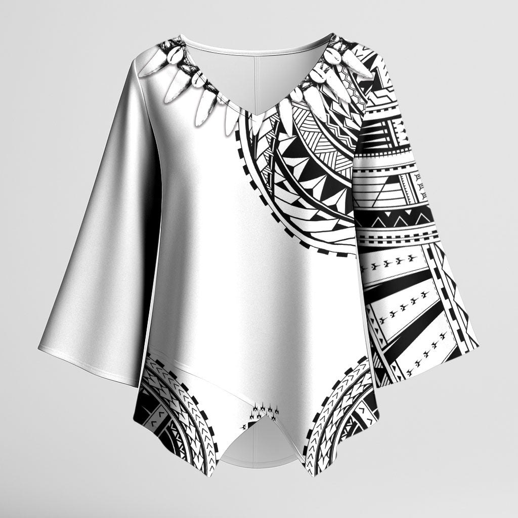 Polynesian Chief Inspired Costume Kimono Sleeve Blouse Tribal Pattern With Tooth Necklace White