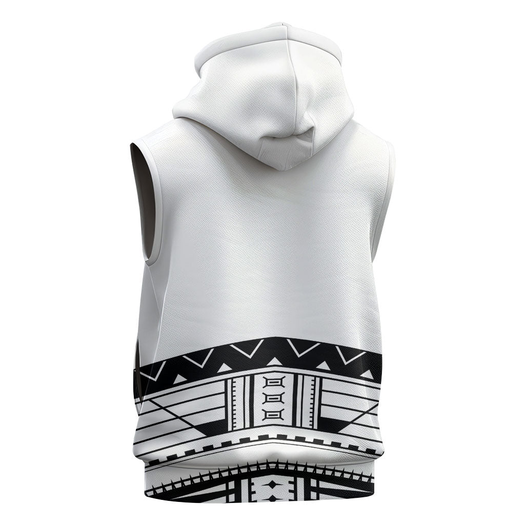 Polynesian Chief Inspired Costume Sleeveless Hoodie Tribal Pattern With Tooth Necklace White