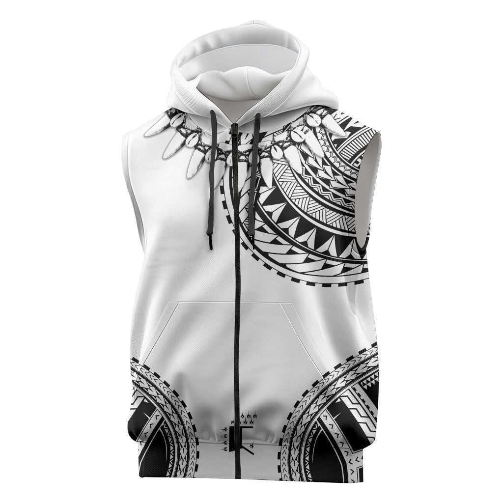 Polynesian Chief Inspired Costume Sleeveless Zip Hoodie Tribal Pattern With Tooth Necklace White