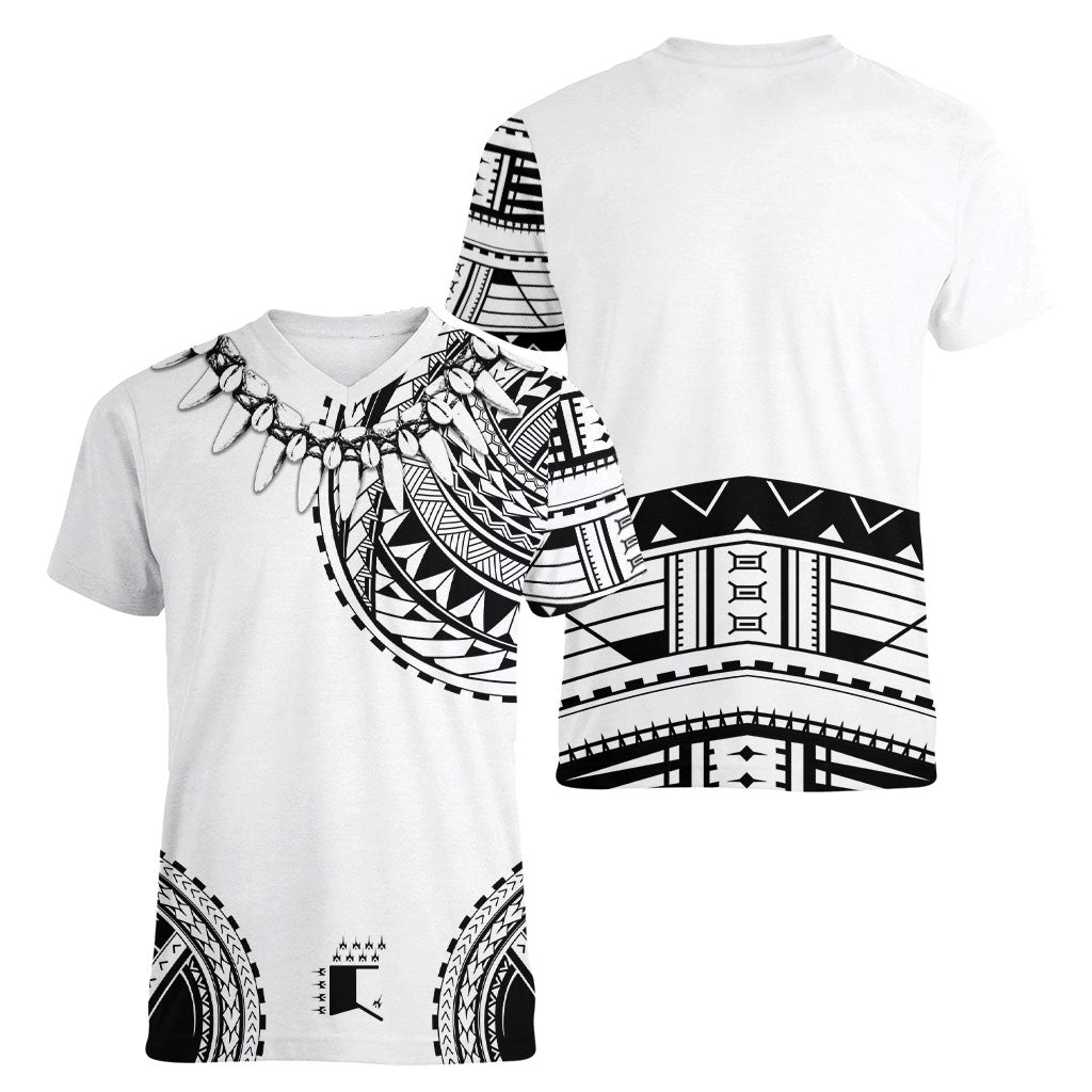 Polynesian Chief Inspired Costume Women V-Neck T-Shirt Tribal Pattern With Tooth Necklace White