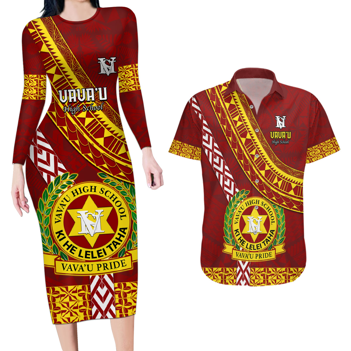 Custom Vavau High School Couples Matching Long Sleeve Bodycon Dress and Hawaiian Shirt Tongan Kupesi Pattern LT05 Red - Polynesian Pride