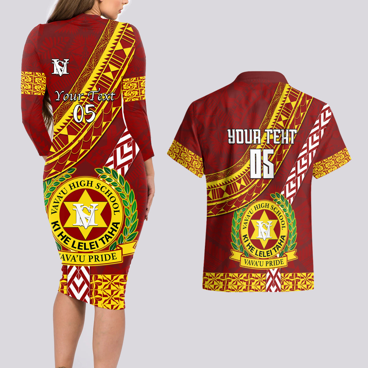 Custom Vavau High School Couples Matching Long Sleeve Bodycon Dress and Hawaiian Shirt Tongan Kupesi Pattern LT05 - Polynesian Pride