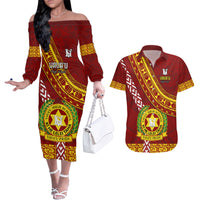 Custom Vavau High School Couples Matching Off The Shoulder Long Sleeve Dress and Hawaiian Shirt Tongan Kupesi Pattern LT05 Red - Polynesian Pride