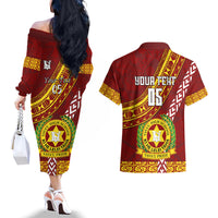 Custom Vavau High School Couples Matching Off The Shoulder Long Sleeve Dress and Hawaiian Shirt Tongan Kupesi Pattern LT05 - Polynesian Pride