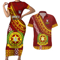 Custom Vavau High School Couples Matching Short Sleeve Bodycon Dress and Hawaiian Shirt Tongan Kupesi Pattern LT05 Red - Polynesian Pride