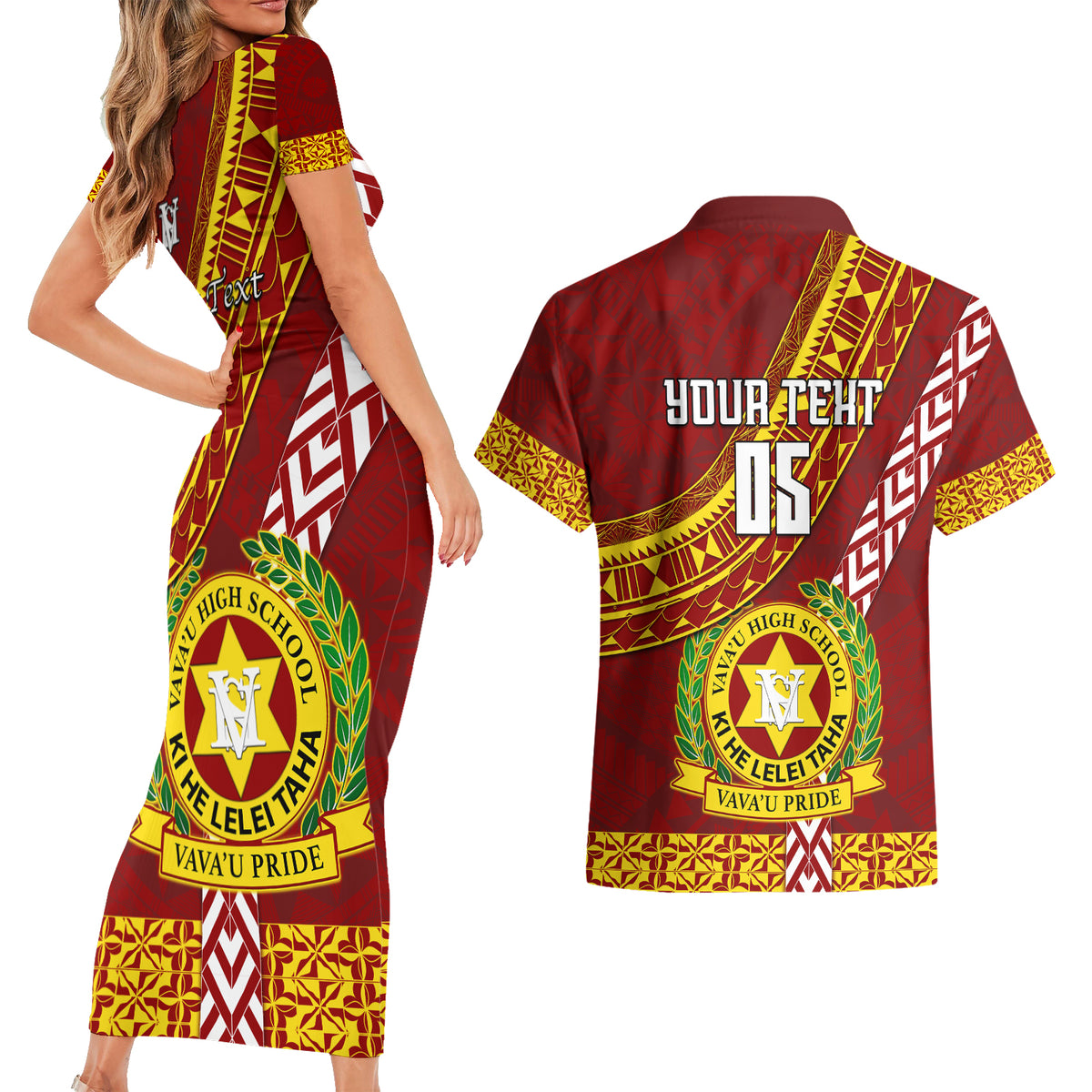 Custom Vavau High School Couples Matching Short Sleeve Bodycon Dress and Hawaiian Shirt Tongan Kupesi Pattern LT05 - Polynesian Pride