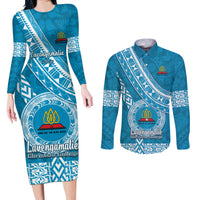 Custom Lavengamalie College Couples Matching Long Sleeve Bodycon Dress and Long Sleeve Button Shirts Tongan Kupesi Pattern LT05 Blue - Polynesian Pride