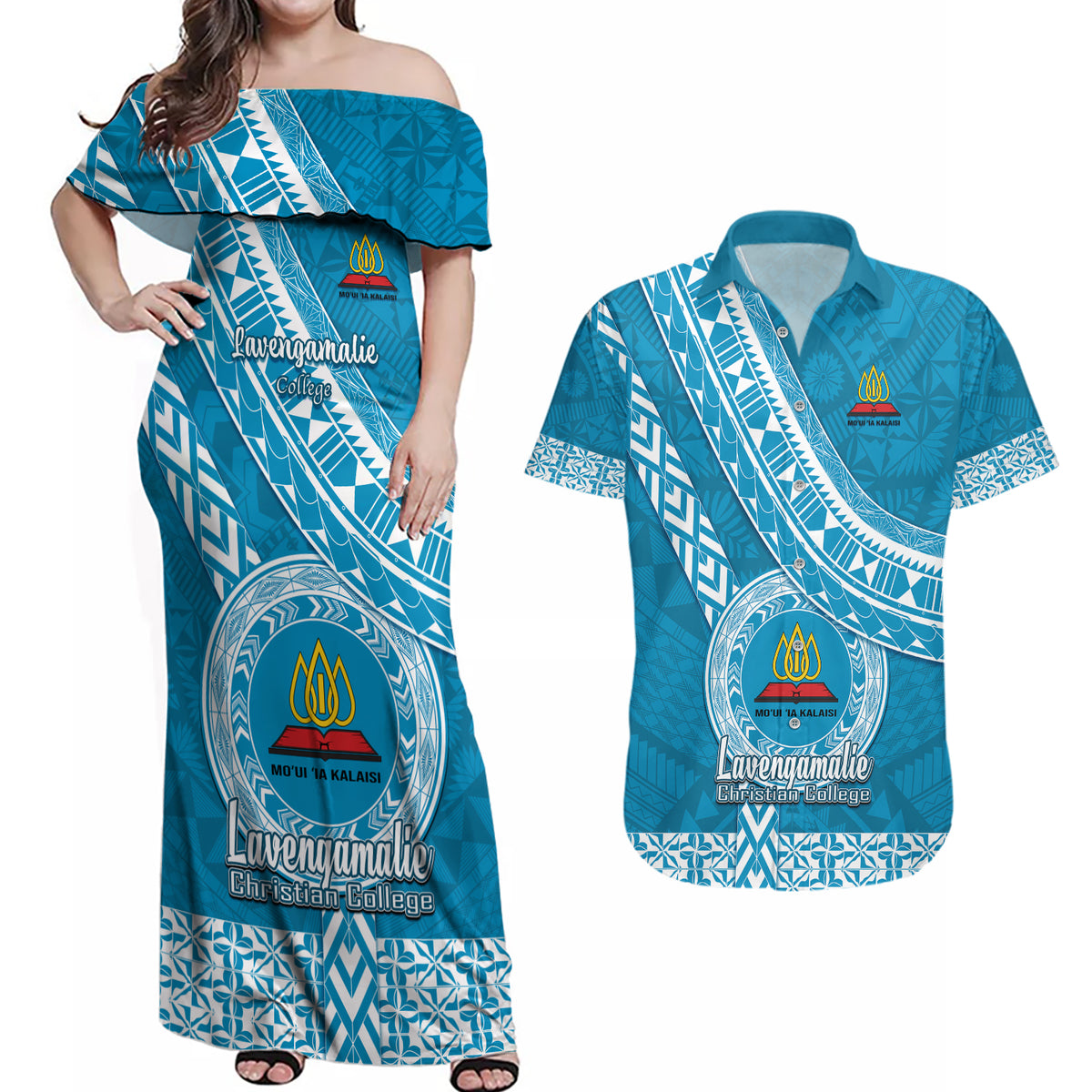 Custom Lavengamalie College Couples Matching Off Shoulder Maxi Dress and Hawaiian Shirt Tongan Kupesi Pattern LT05 Blue - Polynesian Pride