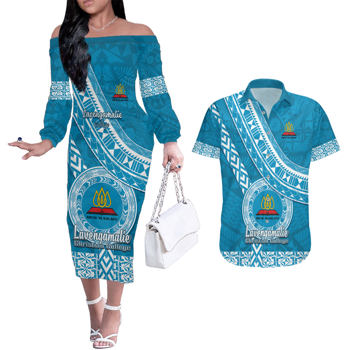 Custom Lavengamalie College Couples Matching Off The Shoulder Long Sleeve Dress and Hawaiian Shirt Tongan Kupesi Pattern LT05 Blue - Polynesian Pride