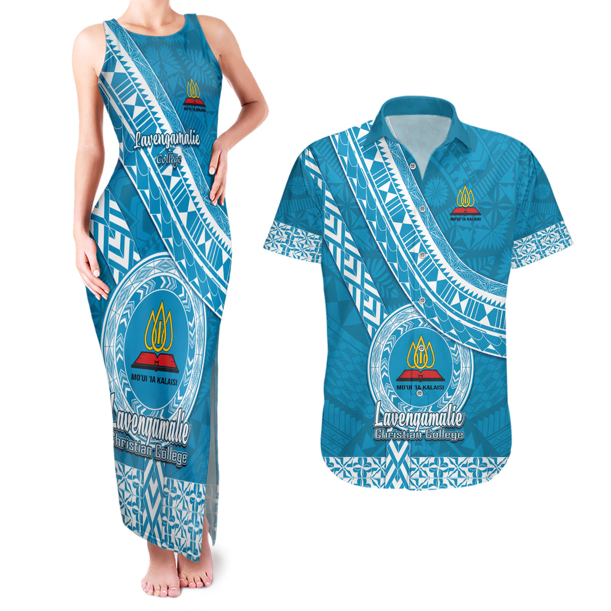 Custom Lavengamalie College Couples Matching Tank Maxi Dress and Hawaiian Shirt Tongan Kupesi Pattern LT05 Blue - Polynesian Pride