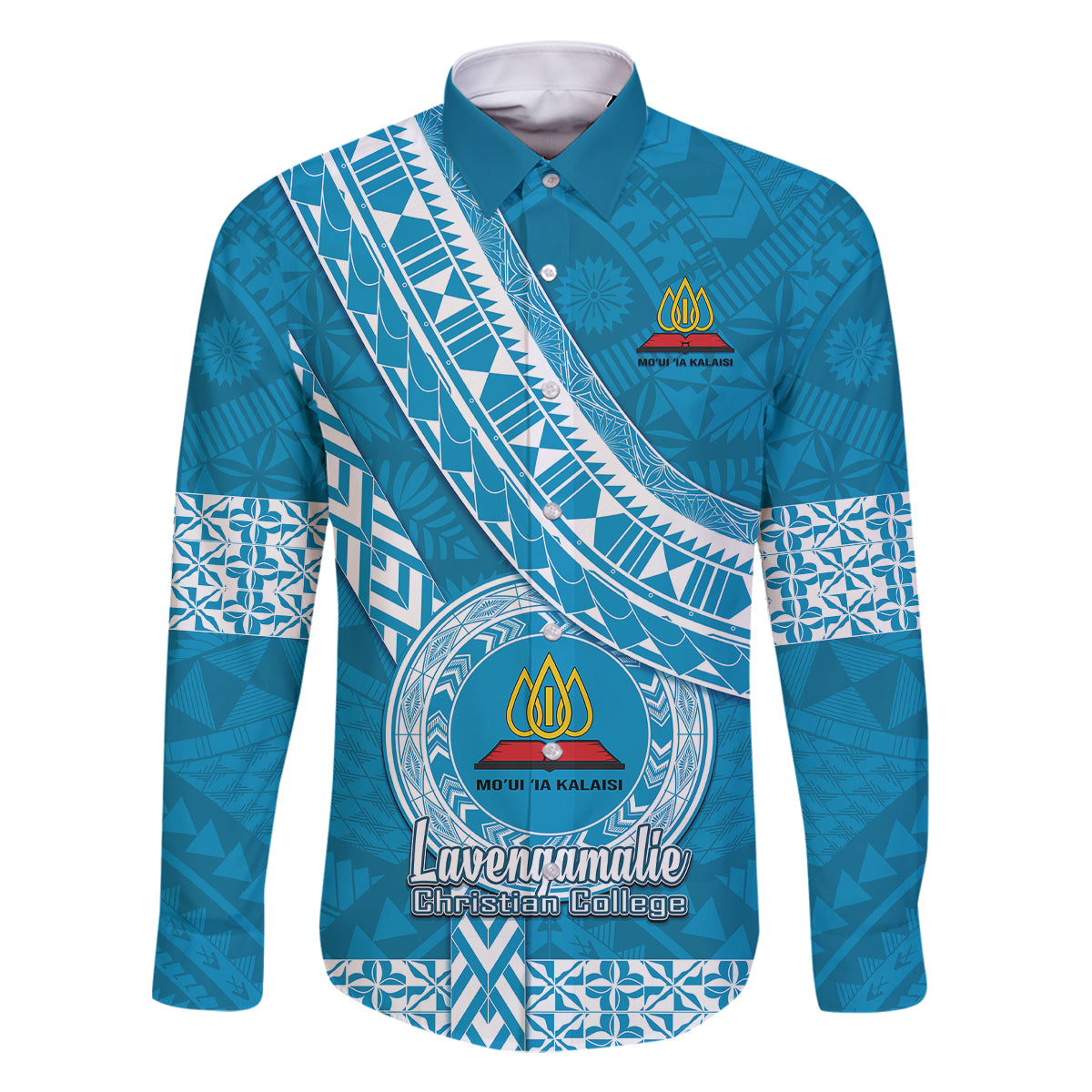Custom Lavengamalie College Family Matching Long Sleeve Bodycon Dress and Hawaiian Shirt Tongan Kupesi Pattern LT05 Dad's Shirt - Long Sleeve Blue - Polynesian Pride