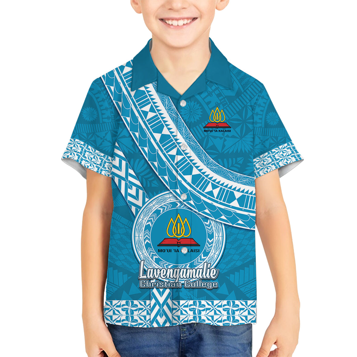 Custom Lavengamalie College Family Matching Off Shoulder Maxi Dress and Hawaiian Shirt Tongan Kupesi Pattern LT05 Son's Shirt Blue - Polynesian Pride