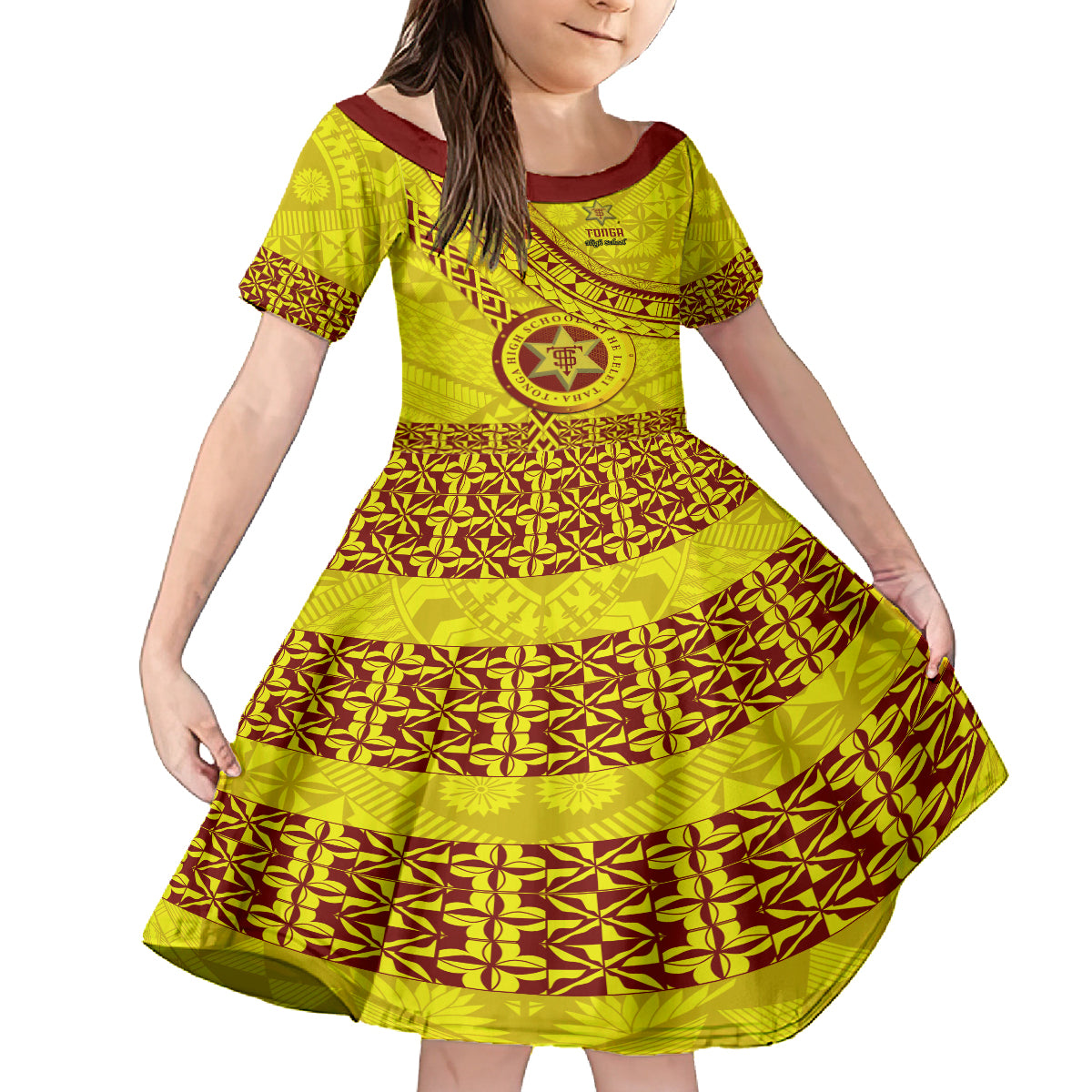 Custom Tonga High School Family Matching Off Shoulder Long Sleeve Dress and Hawaiian Shirt Tongan Kupesi Pattern LT05 Daughter's Dress Yellow - Polynesian Pride