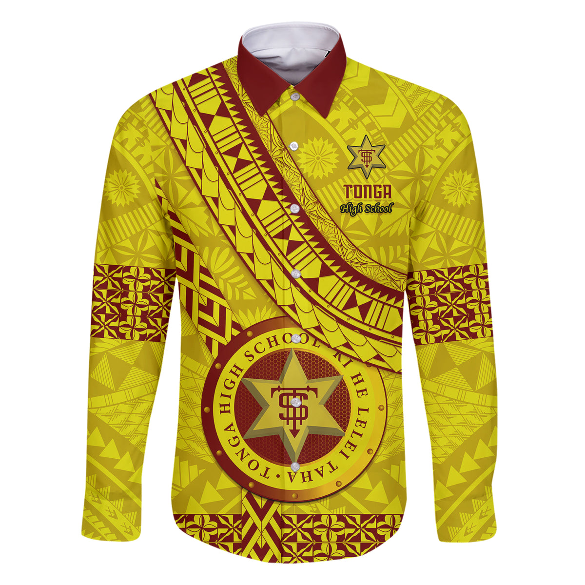 Custom Tonga High School Family Matching Short Sleeve Bodycon Dress and Hawaiian Shirt Tongan Kupesi Pattern LT05 Dad's Shirt - Long Sleeve Yellow - Polynesian Pride
