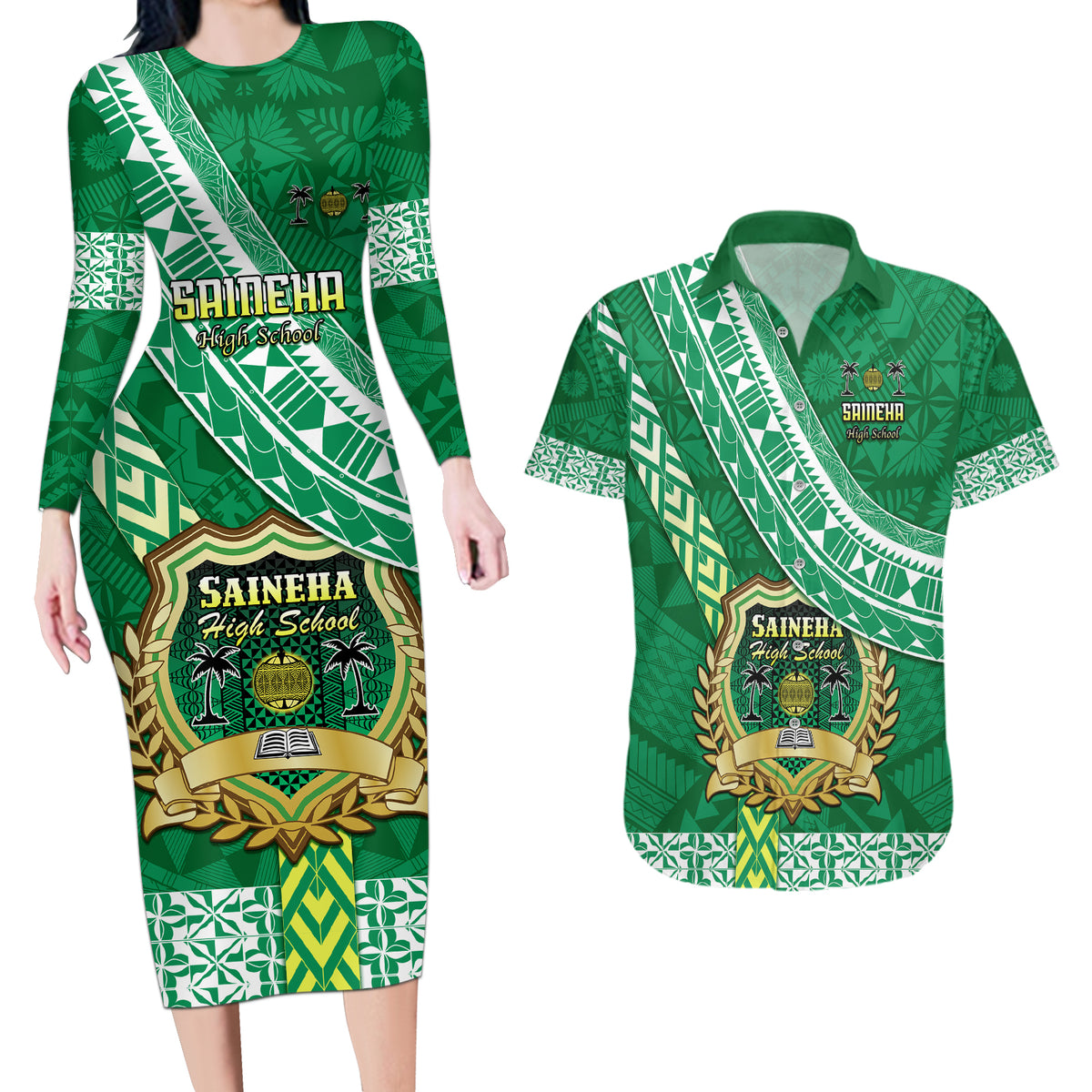 Custom Saineha High School Couples Matching Long Sleeve Bodycon Dress and Hawaiian Shirt Tongan Kupesi Pattern LT05 Green - Polynesian Pride