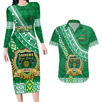 Custom Saineha High School Couples Matching Long Sleeve Bodycon Dress and Hawaiian Shirt Tongan Kupesi Pattern LT05 Green - Polynesian Pride