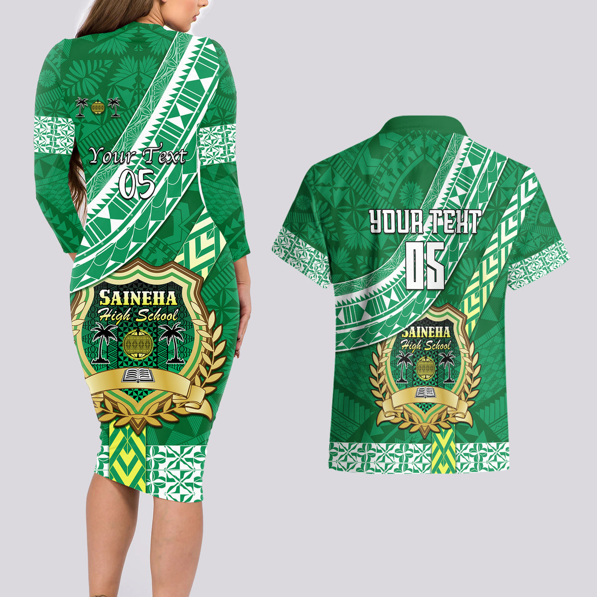 Custom Saineha High School Couples Matching Long Sleeve Bodycon Dress and Hawaiian Shirt Tongan Kupesi Pattern LT05 - Polynesian Pride