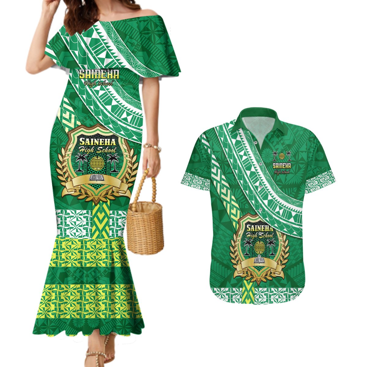 Custom Saineha High School Couples Matching Mermaid Dress and Hawaiian Shirt Tongan Kupesi Pattern LT05 Green - Polynesian Pride