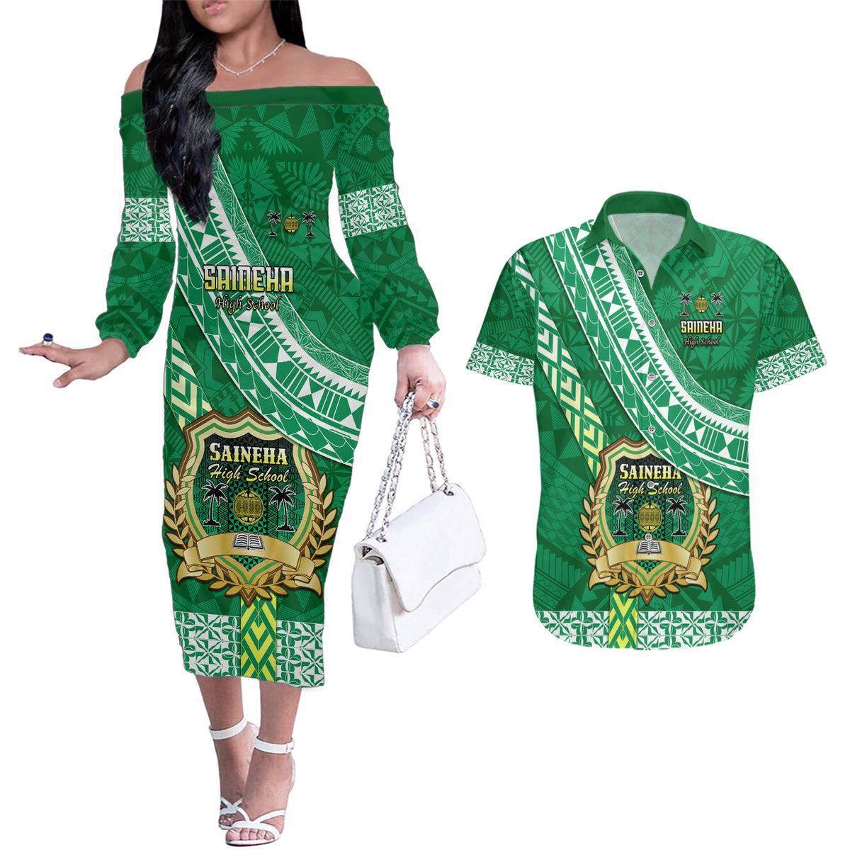 Custom Saineha High School Couples Matching Off The Shoulder Long Sleeve Dress and Hawaiian Shirt Tongan Kupesi Pattern LT05 Green - Polynesian Pride