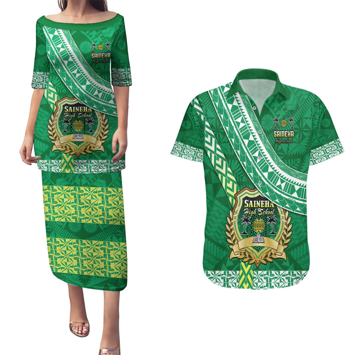 Custom Saineha High School Couples Matching Puletasi Dress and Hawaiian Shirt Tongan Kupesi Pattern LT05 Green - Polynesian Pride