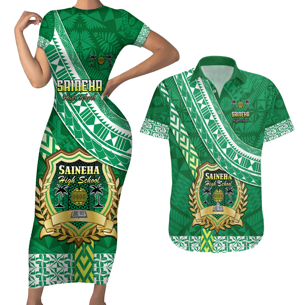Custom Saineha High School Couples Matching Short Sleeve Bodycon Dress and Hawaiian Shirt Tongan Kupesi Pattern LT05 Green - Polynesian Pride