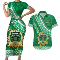 Custom Saineha High School Couples Matching Short Sleeve Bodycon Dress and Hawaiian Shirt Tongan Kupesi Pattern LT05 Green - Polynesian Pride