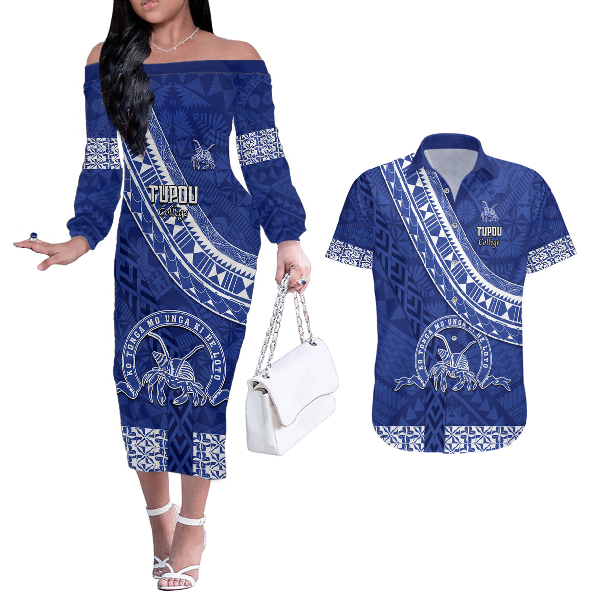 Custom Tupou College Couples Matching Off The Shoulder Long Sleeve Dress and Hawaiian Shirt Tongan Kupesi Pattern LT05 Blue - Polynesian Pride