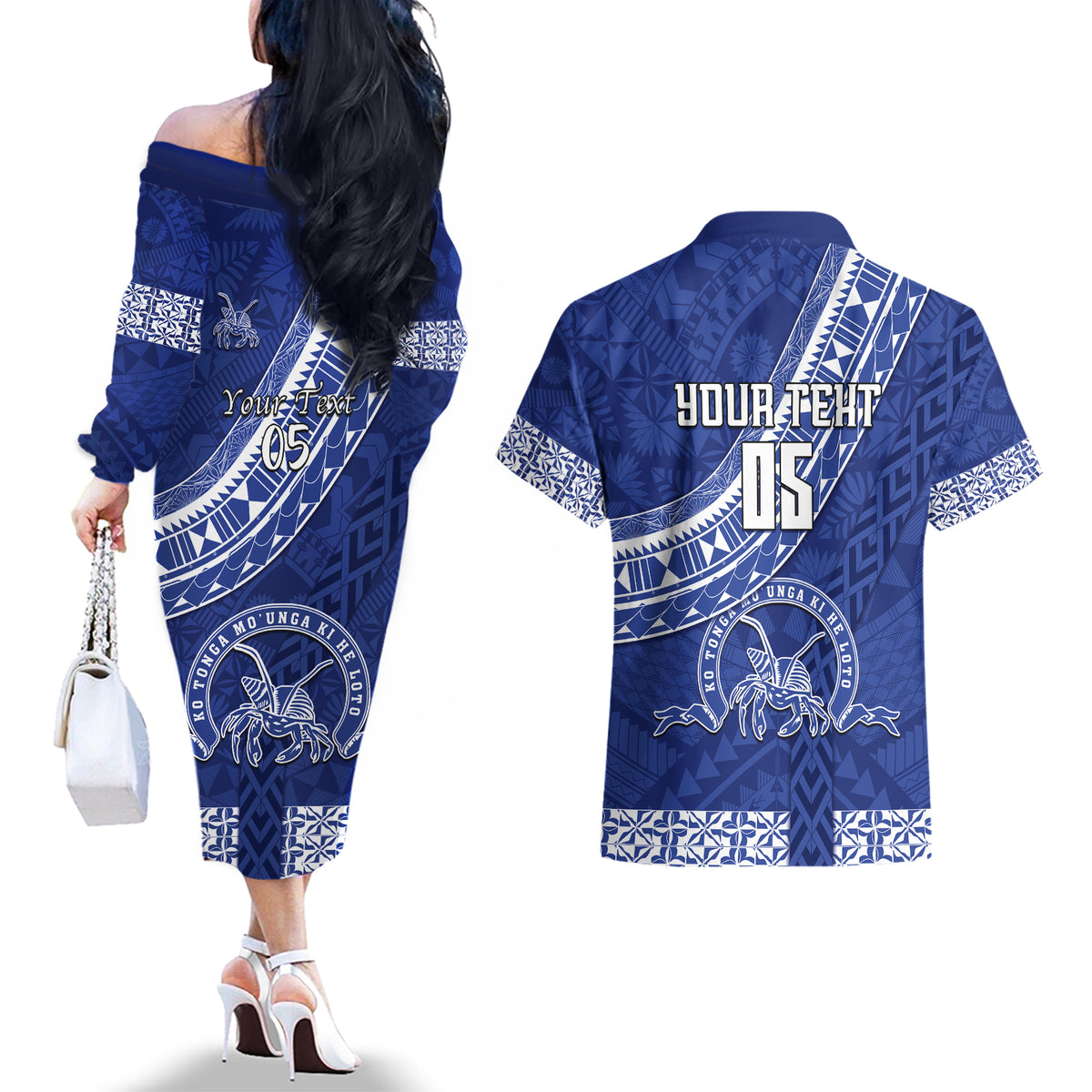Custom Tupou College Couples Matching Off The Shoulder Long Sleeve Dress and Hawaiian Shirt Tongan Kupesi Pattern LT05 - Polynesian Pride