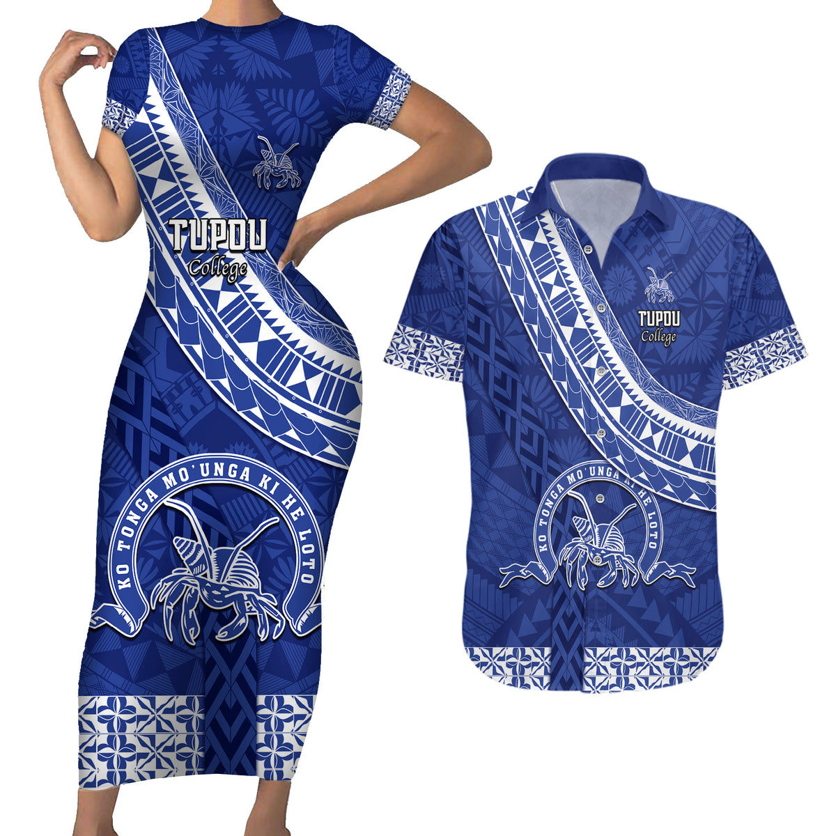 Custom Tupou College Couples Matching Short Sleeve Bodycon Dress and Hawaiian Shirt Tongan Kupesi Pattern LT05 Blue - Polynesian Pride