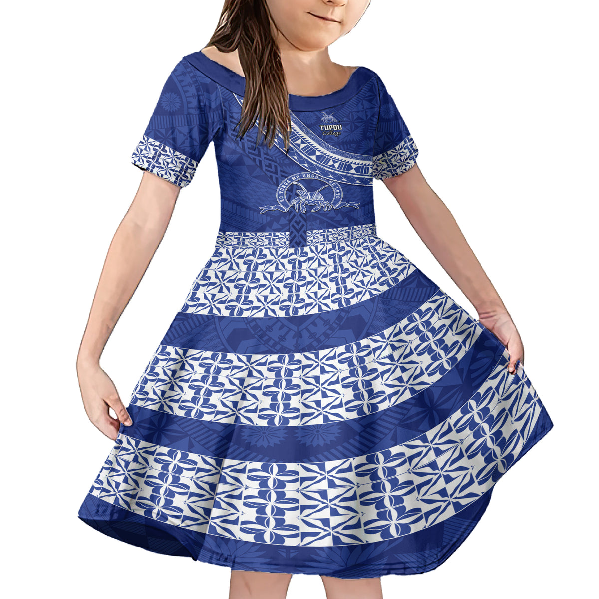 Custom Tupou College Family Matching Short Sleeve Bodycon Dress and Hawaiian Shirt Tongan Kupesi Pattern LT05 Daughter's Dress Blue - Polynesian Pride