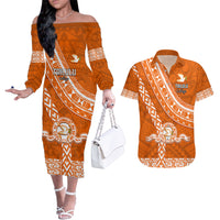 Custom Tailulu College Couples Matching Off The Shoulder Long Sleeve Dress and Hawaiian Shirt Tongan Kupesi Pattern LT05 Orange - Polynesian Pride