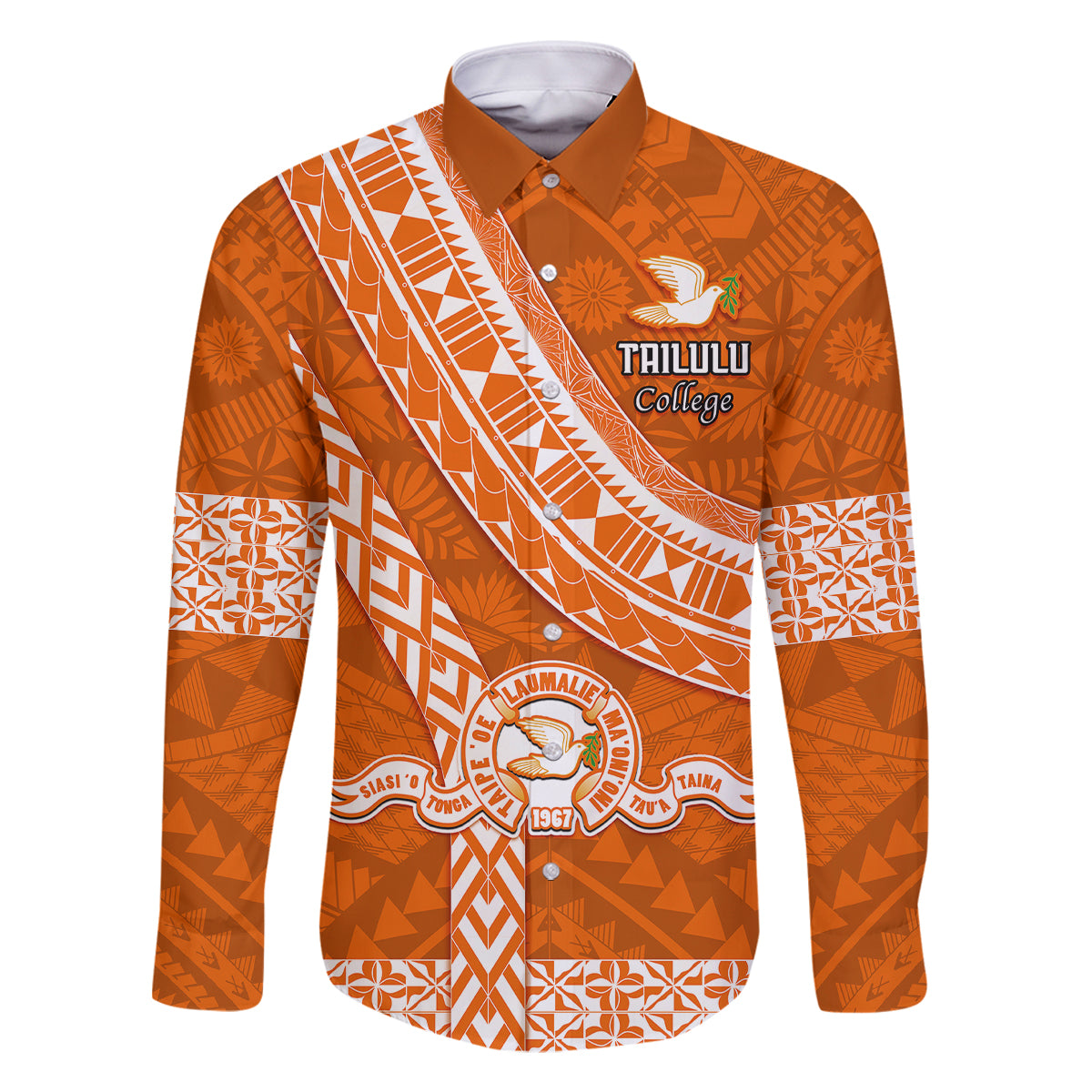 Custom Tailulu College Family Matching Mermaid Dress and Hawaiian Shirt Tongan Kupesi Pattern LT05 Dad's Shirt - Long Sleeve Orange - Polynesian Pride