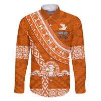 Custom Tailulu College Family Matching Off Shoulder Long Sleeve Dress and Hawaiian Shirt Tongan Kupesi Pattern LT05 Dad's Shirt - Long Sleeve Orange - Polynesian Pride