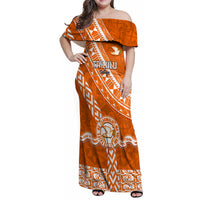 Custom Tailulu College Family Matching Off Shoulder Maxi Dress and Hawaiian Shirt Tongan Kupesi Pattern LT05 Mom's Dress Orange - Polynesian Pride