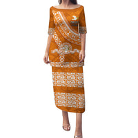 Custom Tailulu College Family Matching Puletasi Dress and Hawaiian Shirt Tongan Kupesi Pattern LT05 Mom's Dress Orange - Polynesian Pride