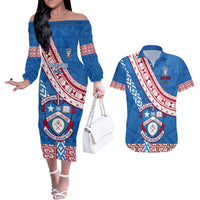 Custom Apifoou College Couples Matching Off The Shoulder Long Sleeve Dress and Hawaiian Shirt Tongan Kupesi Pattern LT05 Blue - Polynesian Pride