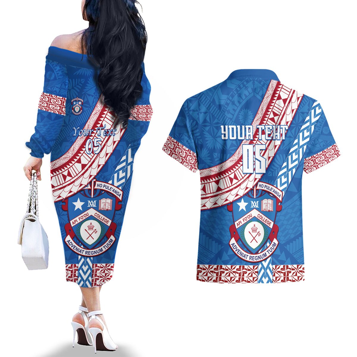 Custom Apifoou College Couples Matching Off The Shoulder Long Sleeve Dress and Hawaiian Shirt Tongan Kupesi Pattern LT05 - Polynesian Pride
